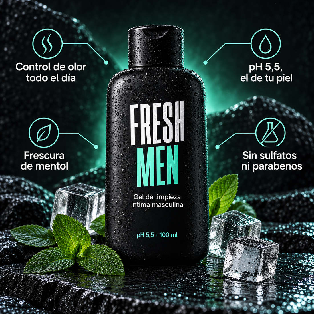 Beneficios: control de olor, pH 5,5, frescura de mentol, sin sulfatos ni parabenos